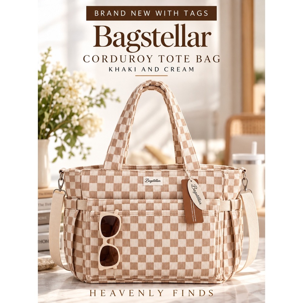 Bagstellar Corduroy Tote Khaki Cream Checkered 15.6 Laptop Work Teacher Bag NWT